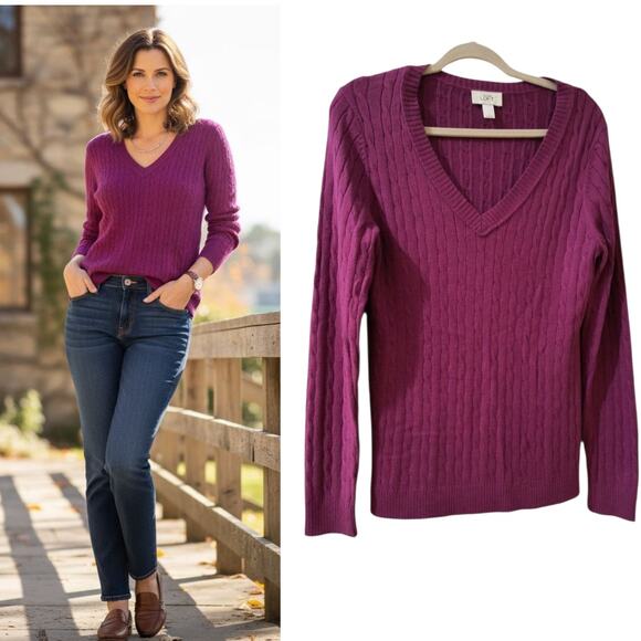 Ann Taylor Loft Sweater Women's Size L Purple Cable Knit Long Sleeve V Neck - Picture 13 of 14